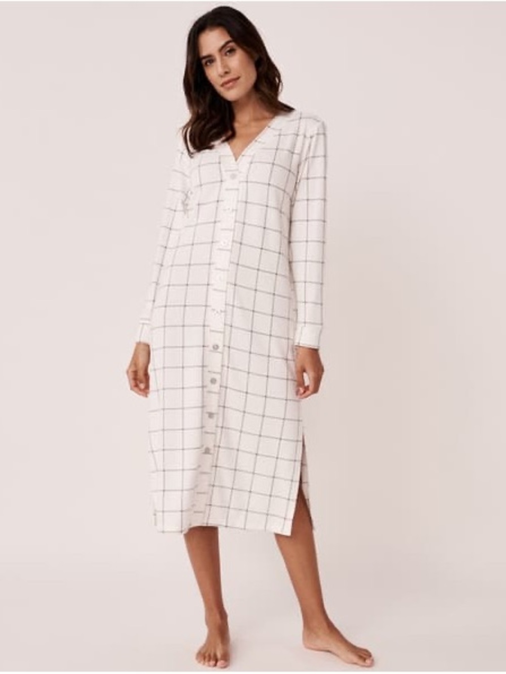 La Vie en Rose Button-Front White Grid Midi Dress